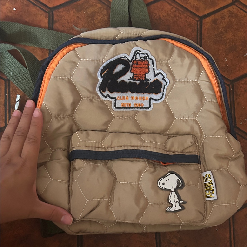 Peanuts Quilted Mini Backpack In Tan With Orange Trim